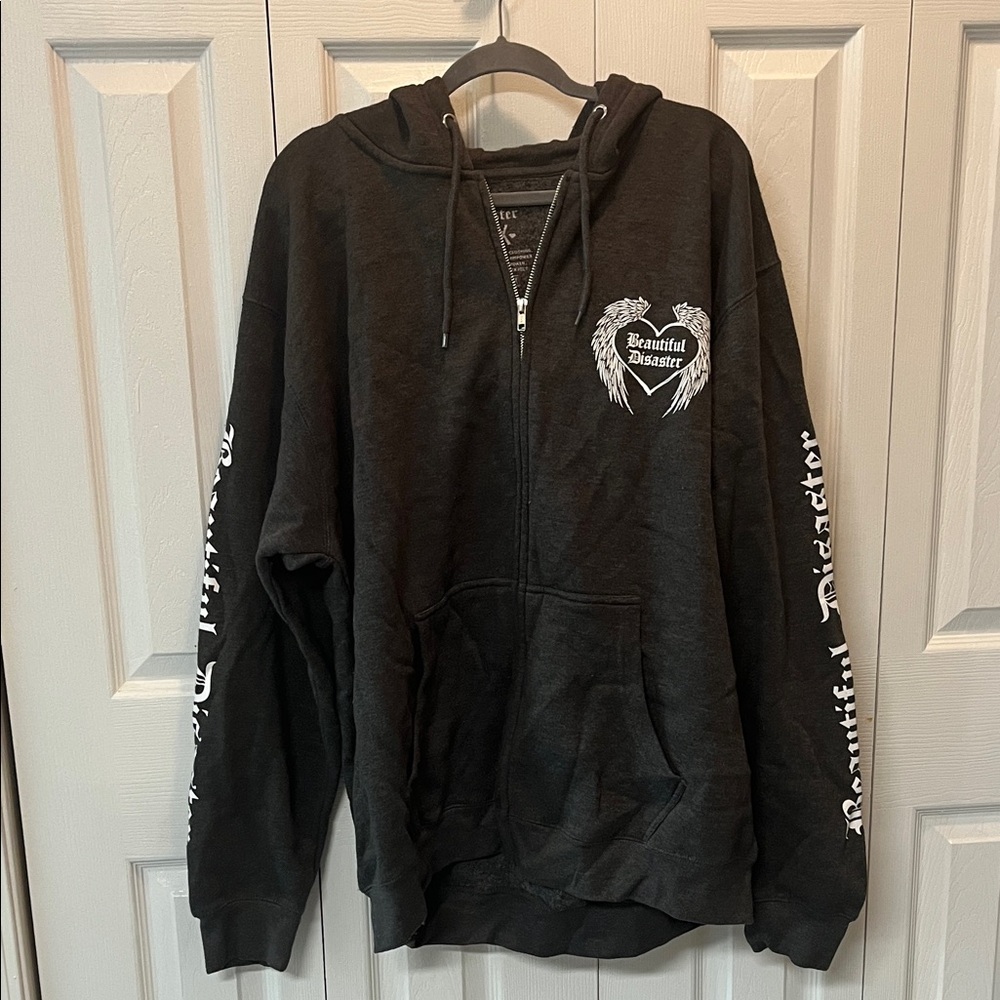 Beautiful Disaster Black Zip-Up Hoodie with Wing Heart Graphic